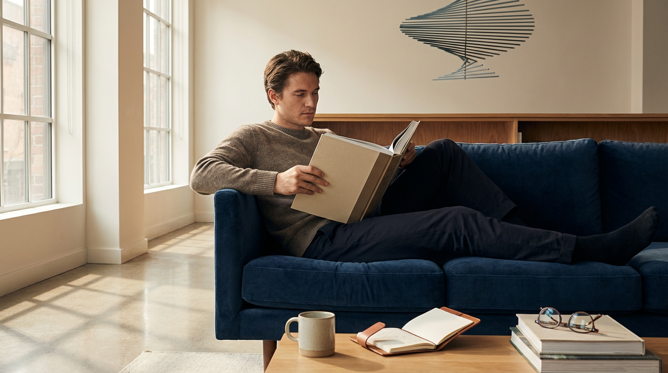 A man sitting on a dark blue sofa, reading a large book in a bright room with large windows, a wooden sideboard, and a wall decorated with a modern black and white art piece.