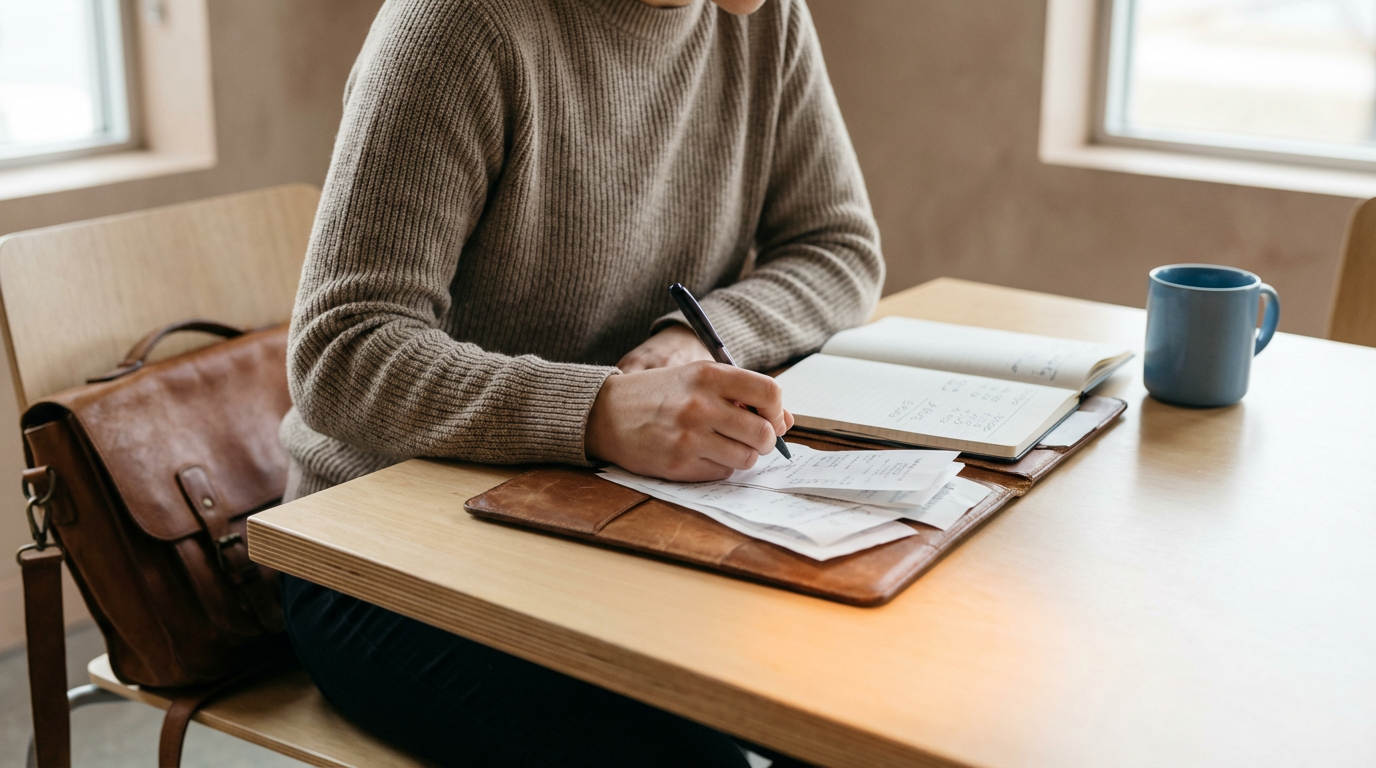 Person in a brown sweater working with papers and a notebook at a wooden table, with a blue mug nearby.