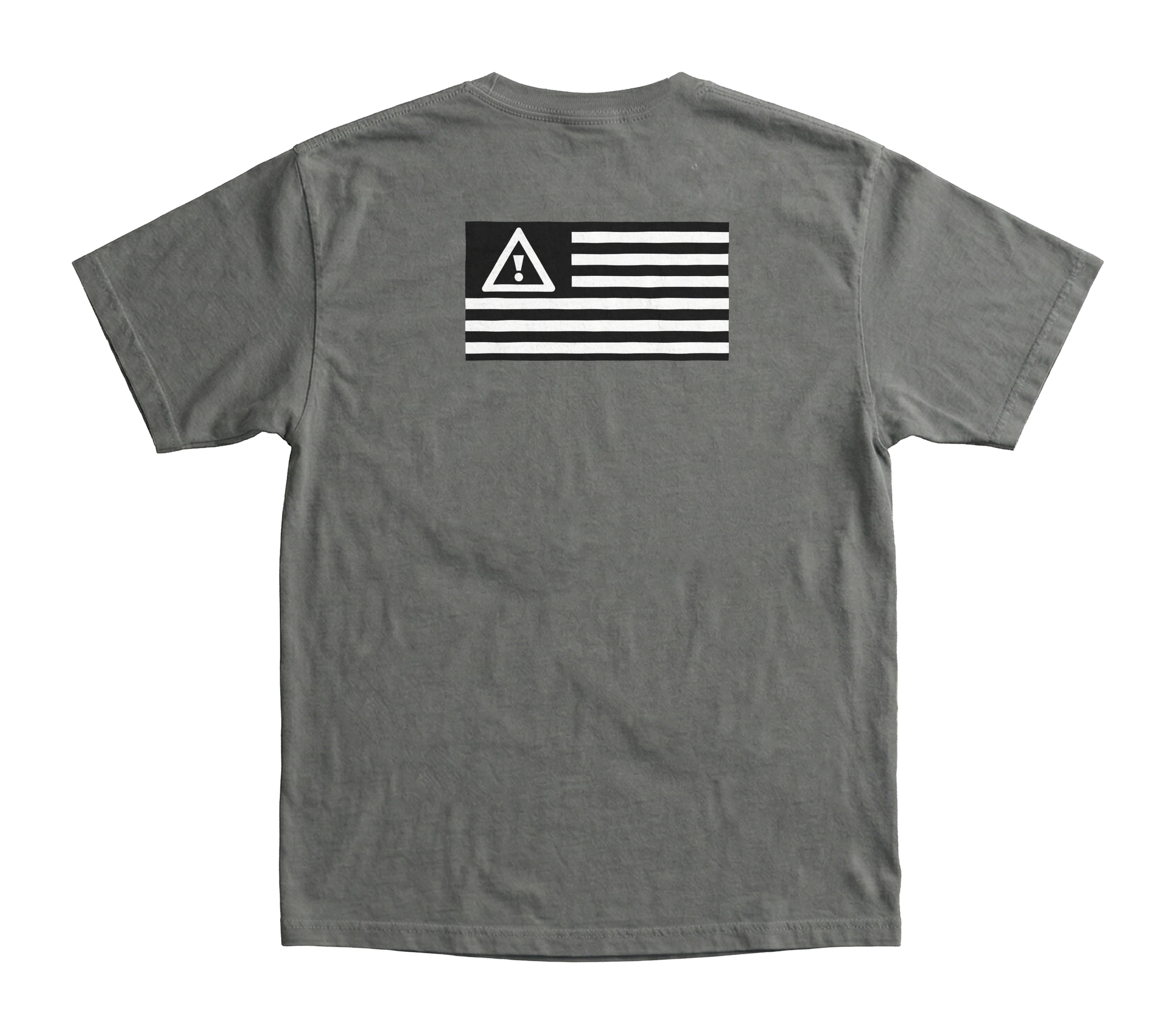 Gray T-shirt with a black and white graphic of  Flosstradamus' logo depicting an American flag and a warning exclamation mark inside a triangle.