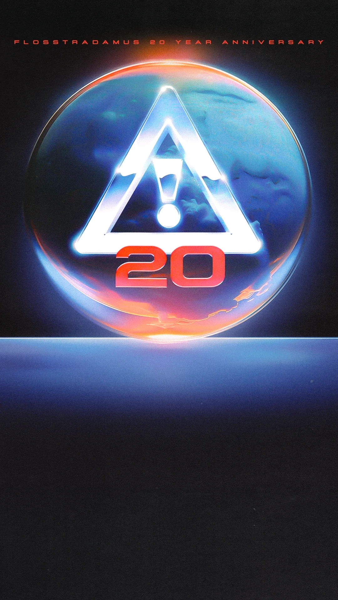 The image features a digital design celebrating the 20-year anniversary of Flosstradamus. It includes a glowing triangular symbol with an exclamation mark inside, the number 20 below it, and a background resembling a globe or planet Earth with glowing edges.