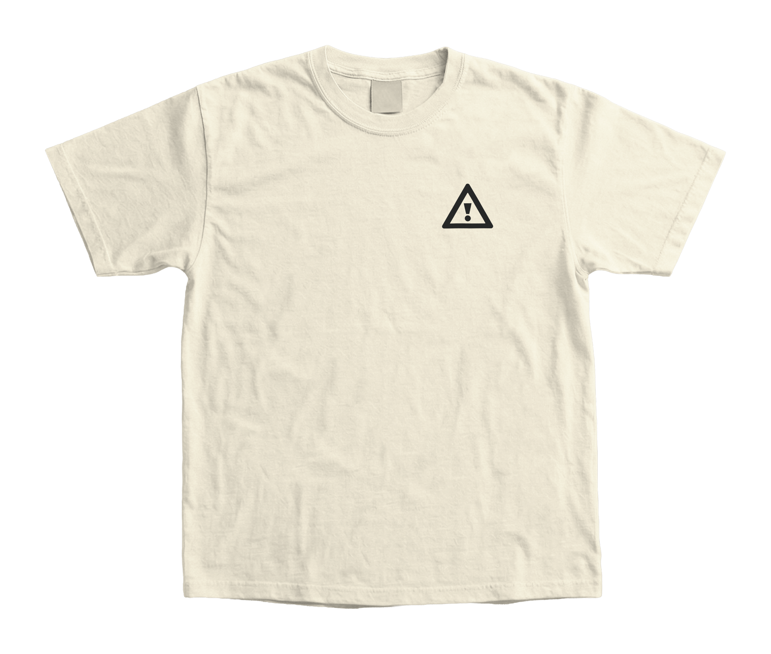 A white T-shirt with Flosstradamus' logo depicting a black triangular warning sign containing an exclamation mark in the center.