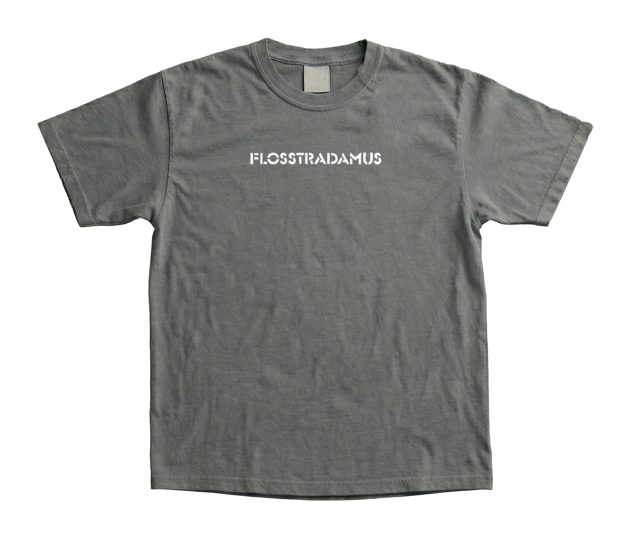 Gray T-shirt with the "FLOSSTRADAMUS" logo printed on the front in white letters.