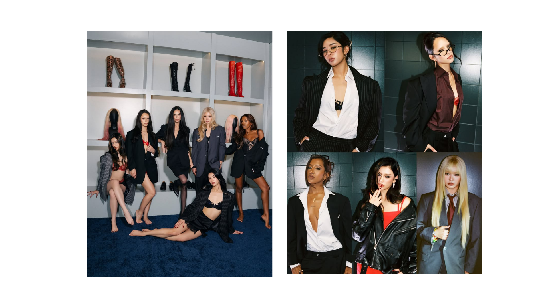 Fashion editorial collage featuring a diverse group of women modeling tailored suits, lingerie, leather outfits, and colorful boots.