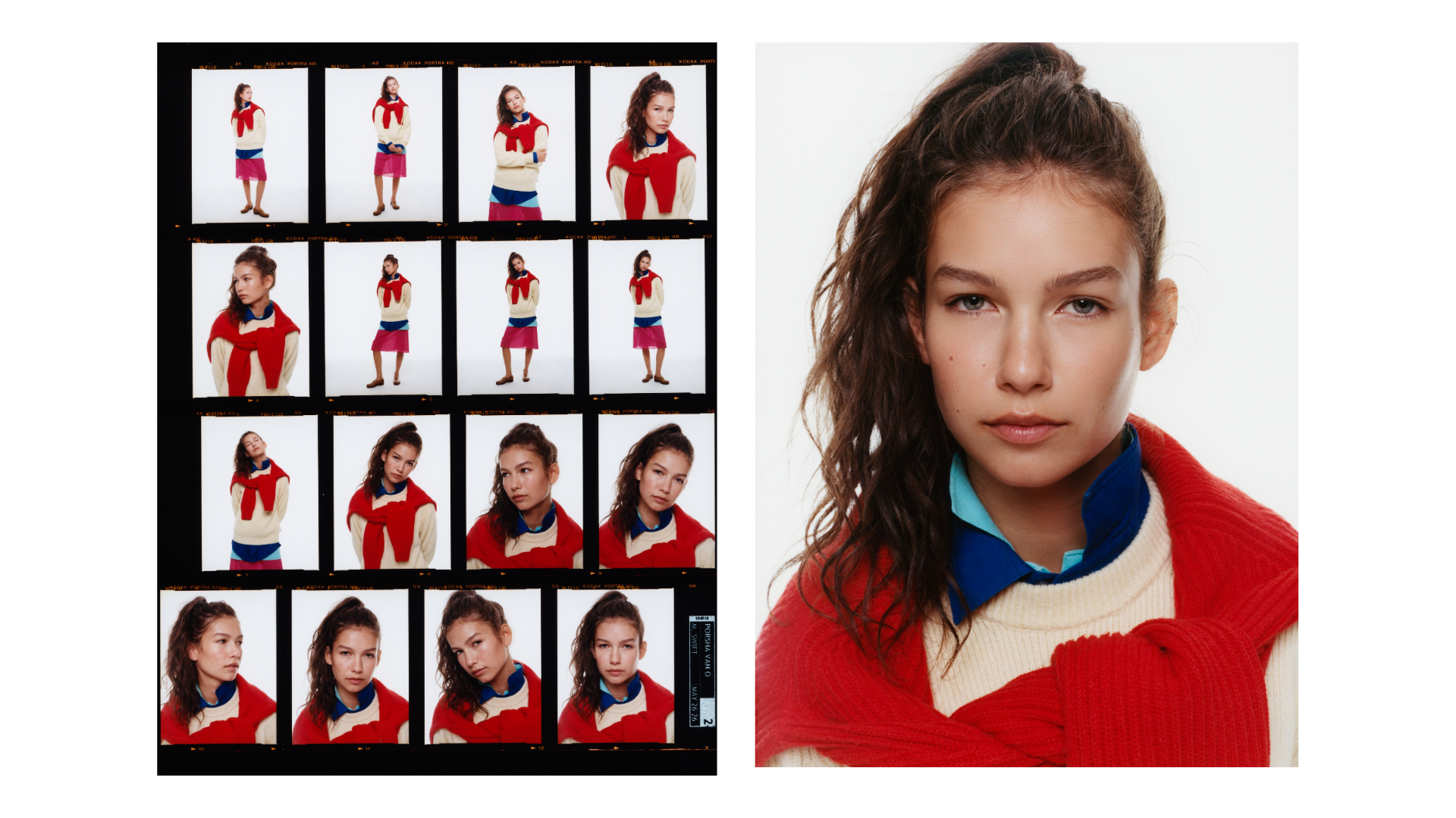 Contact sheet of a female fashion model wearing a cream sweater, blue collared shirt, red sweater, and pink skirt, alongside a large close-up portrait.