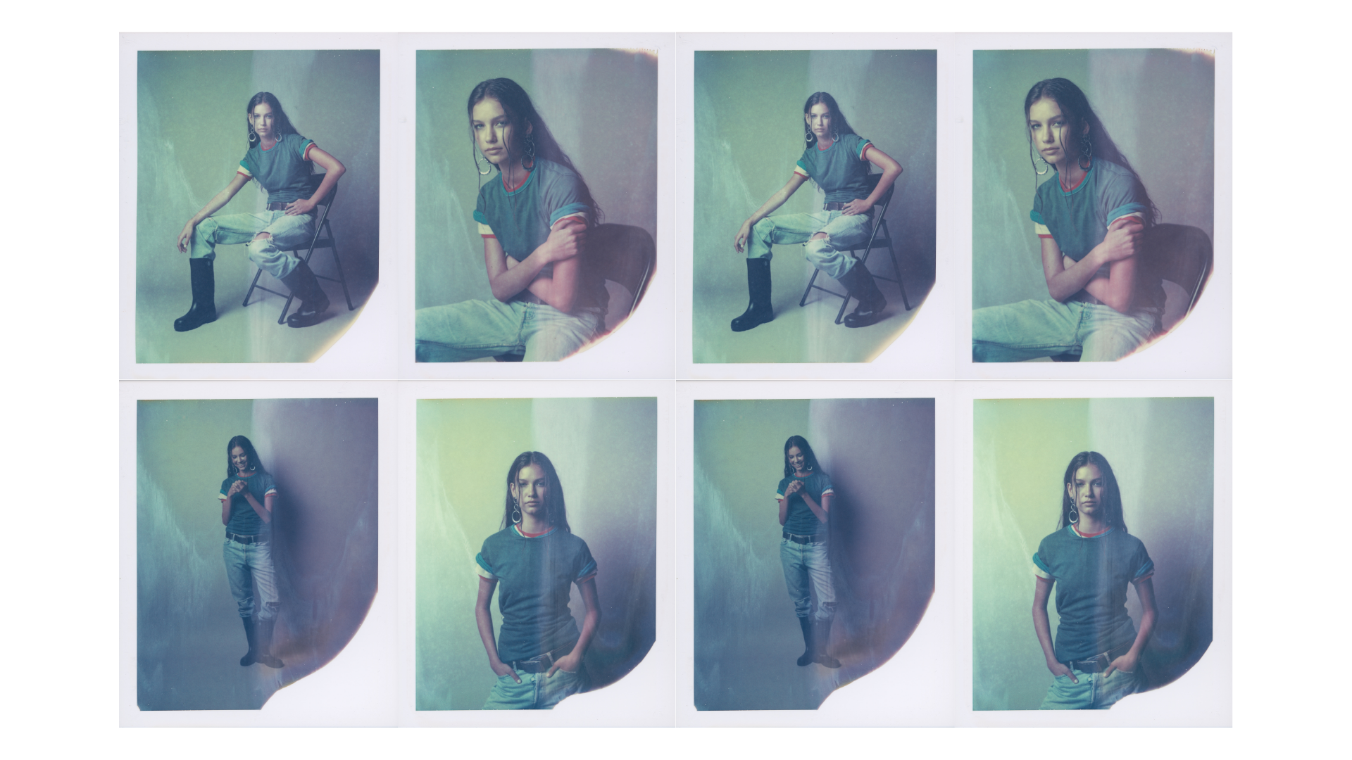 Grid of eight vintage-style studio portraits showing a woman in a teal shirt and jeans, seated and standing against a blue-green backdrop.