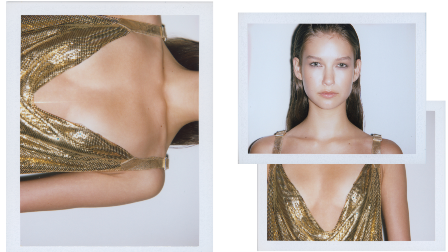 Fashion collage featuring a model in a shimmering gold dress, with close-up and portrait photographs.