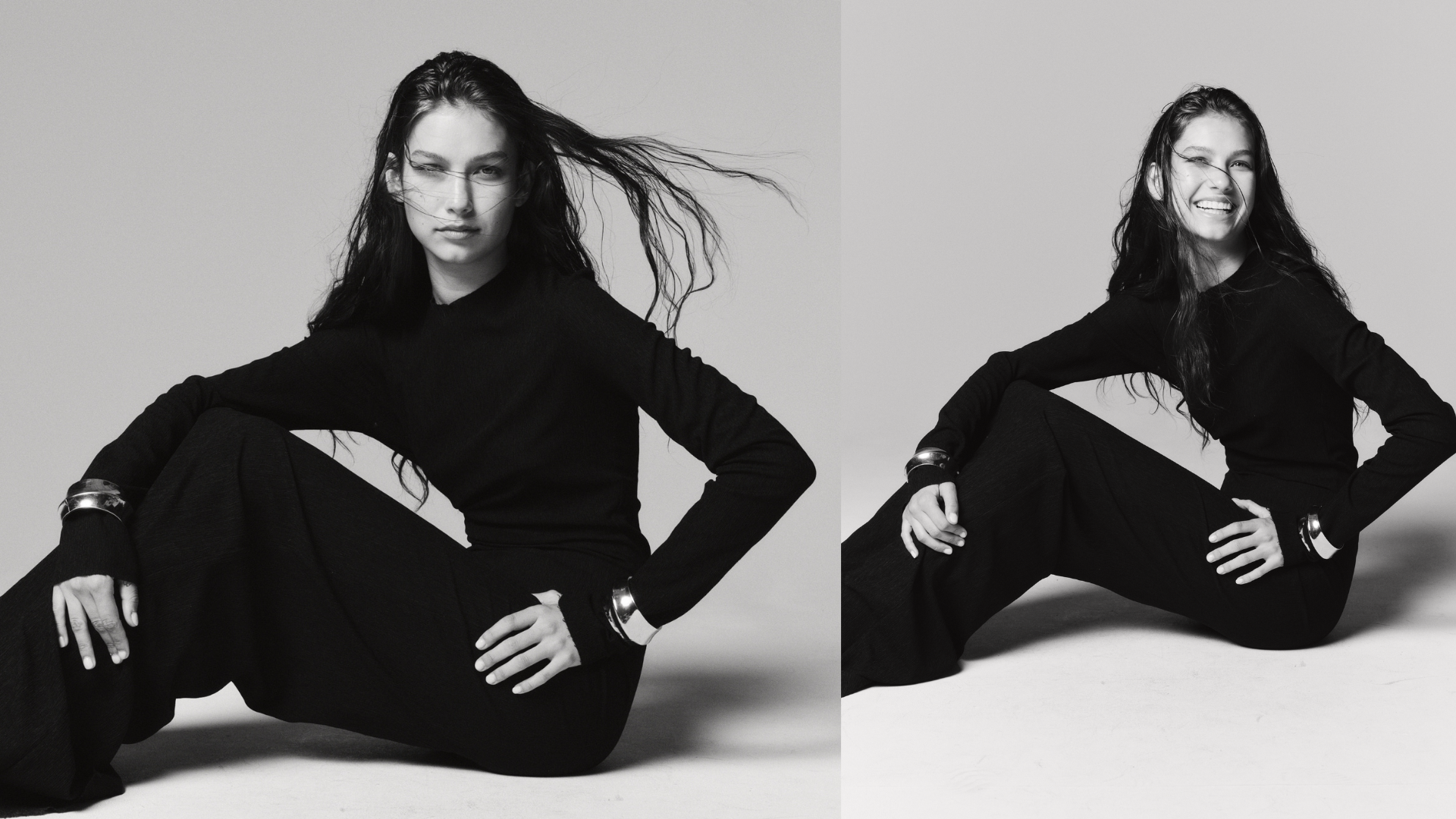 Black-and-white fashion diptych of a long-haired model posing in an all-black outfit with metallic bracelets.