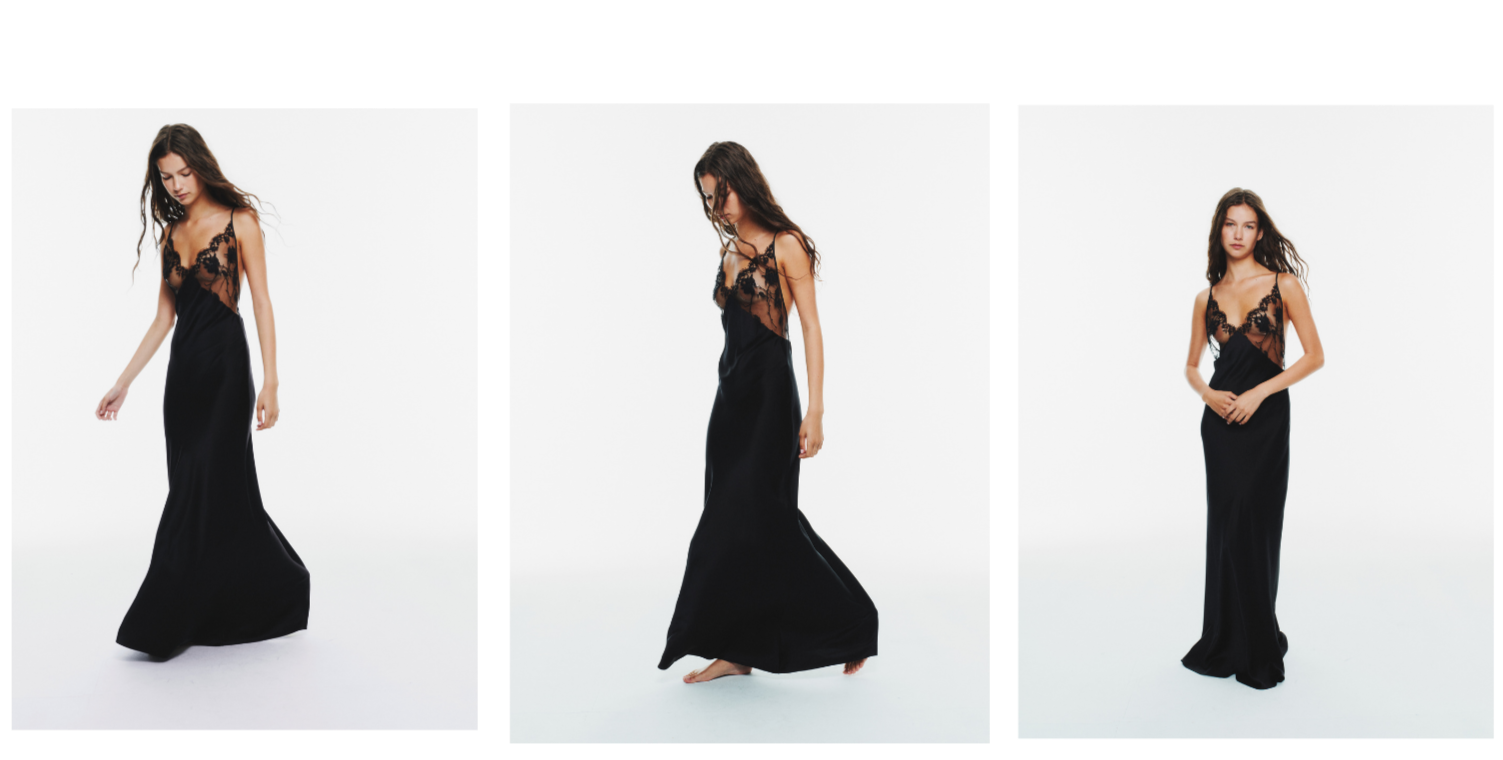 Three studio photos of a model wearing a long black satin gown with sheer lace panels and thin straps.