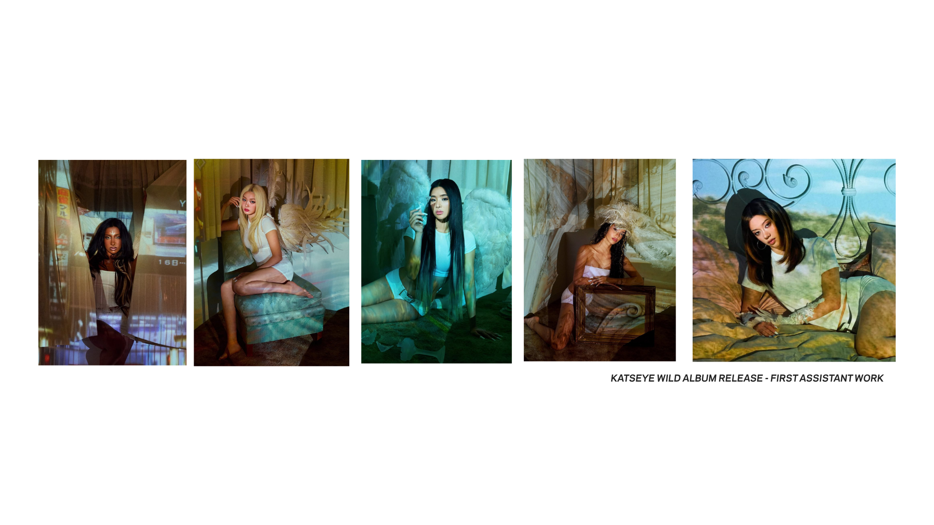 Collage of five fashion portraits featuring women in dramatic, artistic interiors with angel wings, colorful lighting, and vintage decor