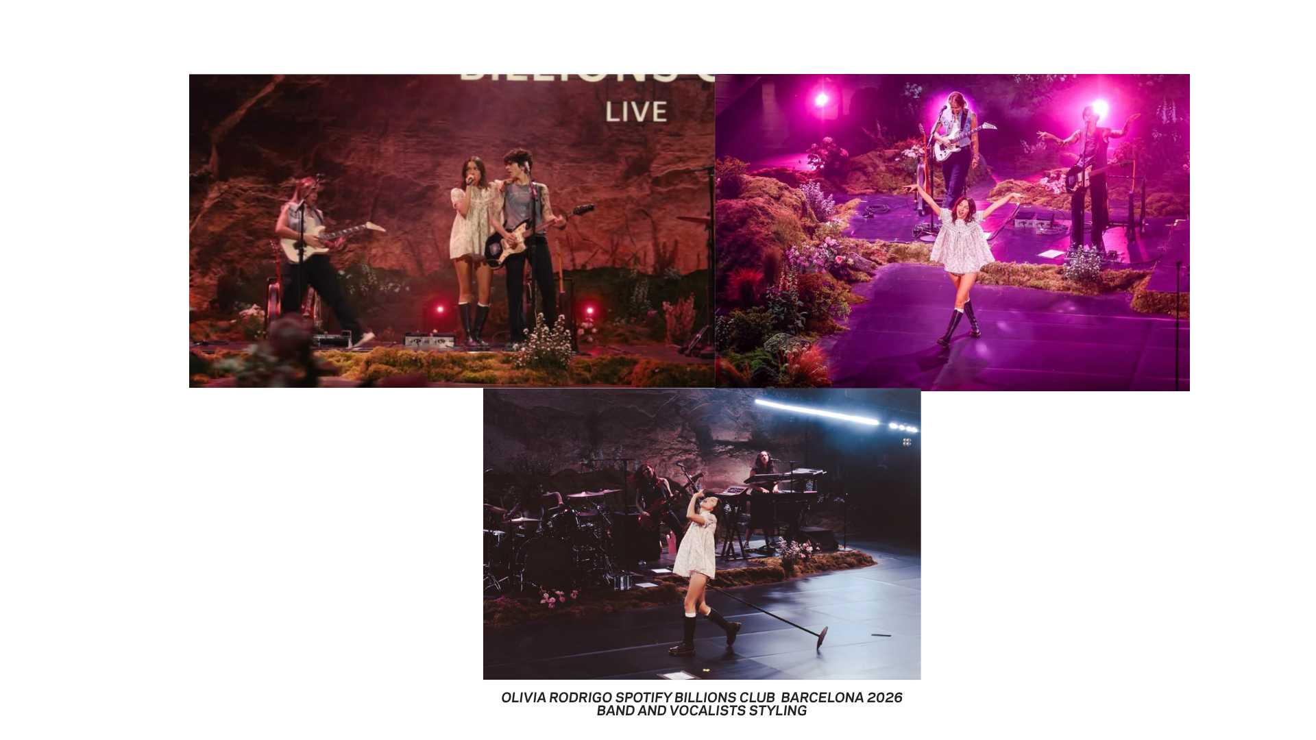Collage of a female singer performing live with a band on a flower-filled stage under colorful pink and purple lighting