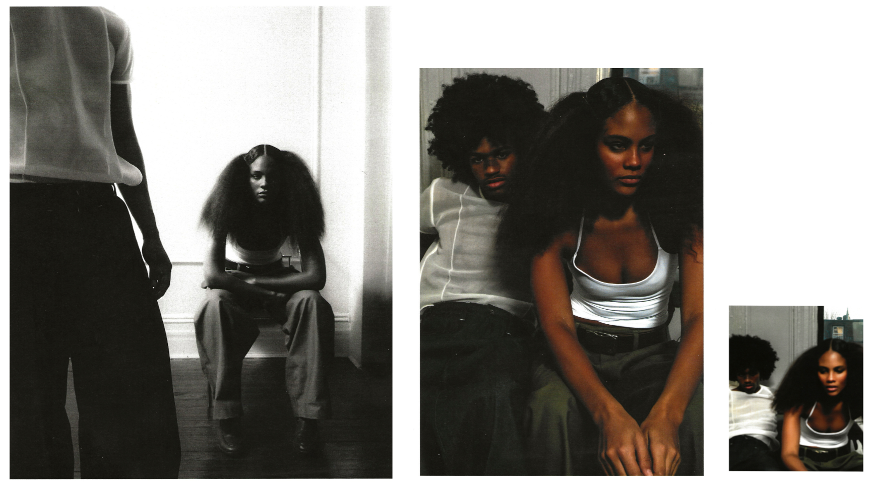 Editorial collage of two Black women with voluminous natural hair posing indoors, shown in black-and-white and color portraits.