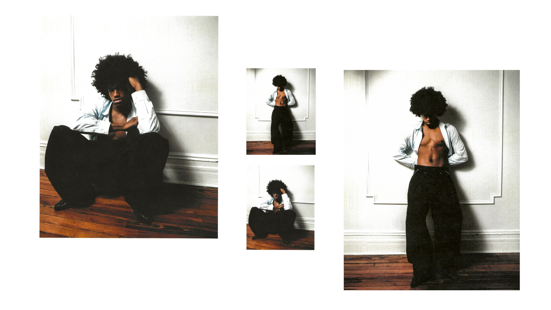 Fashion collage featuring a Black model with a large afro wearing an open white shirt and oversized black pants, posing seated and standing against a white paneled wall.