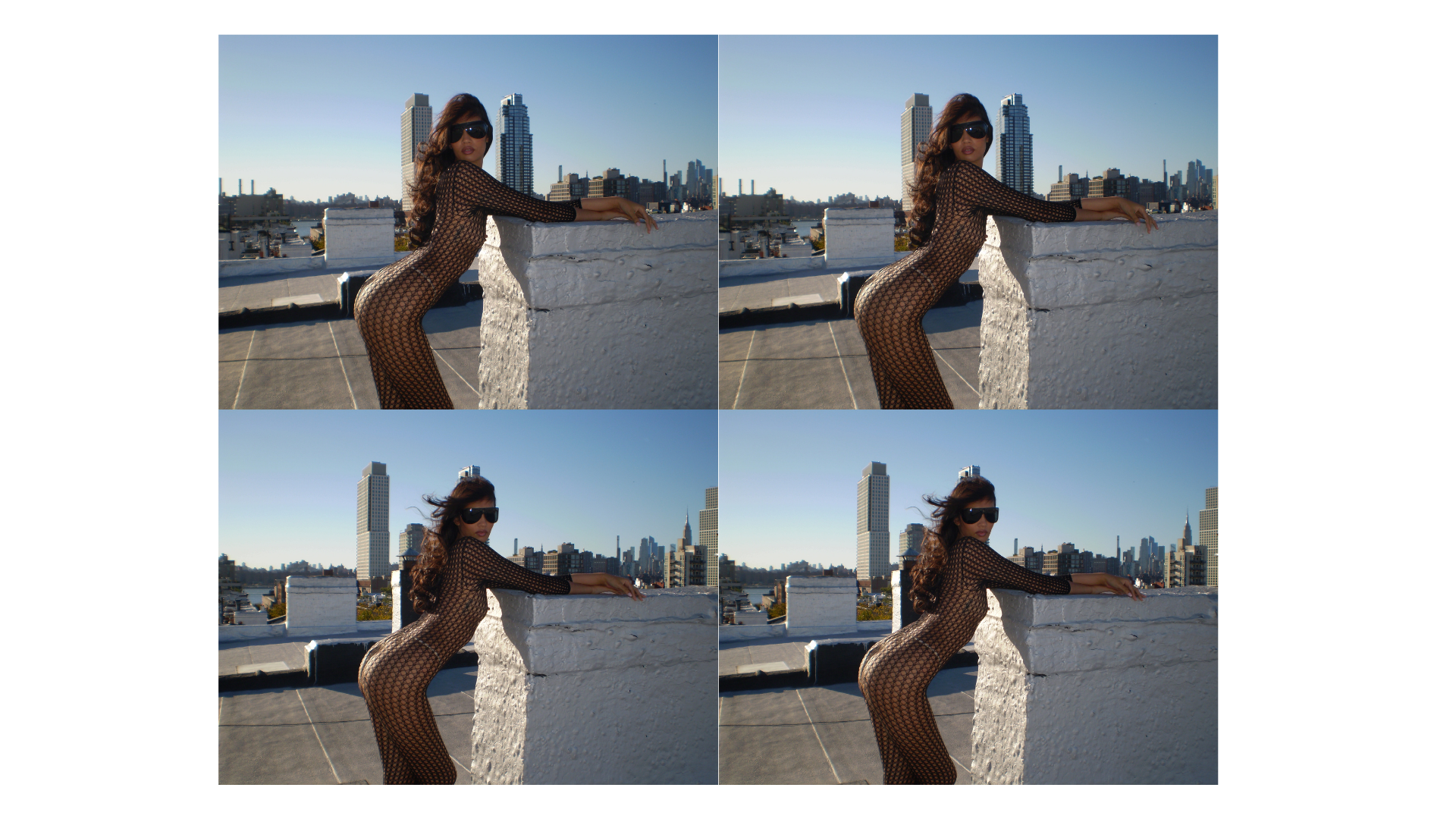 Woman in sunglasses and a black fishnet outfit posing on a rooftop overlooking a city skyline