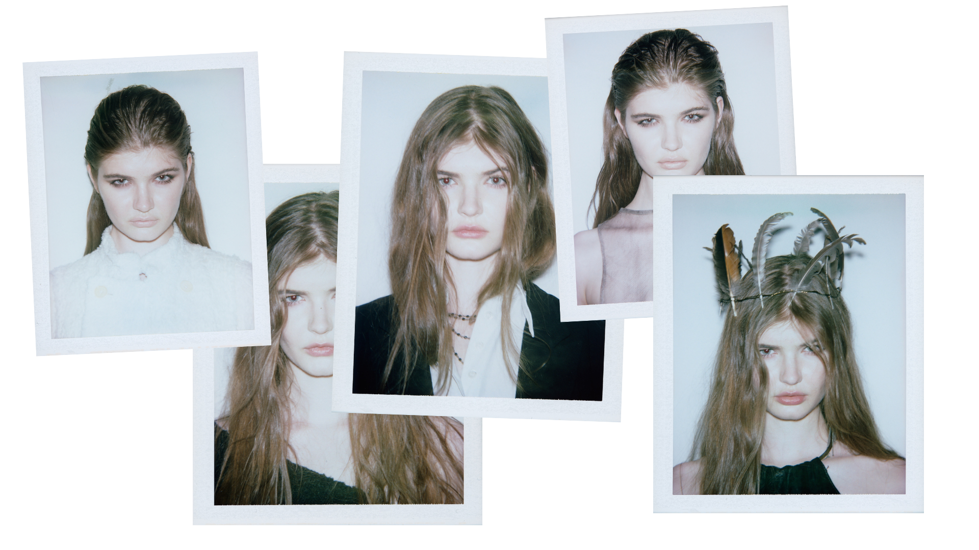 Collage of fashion portraits featuring a female model with long brown hair in various outfits, including a feathered headpiece