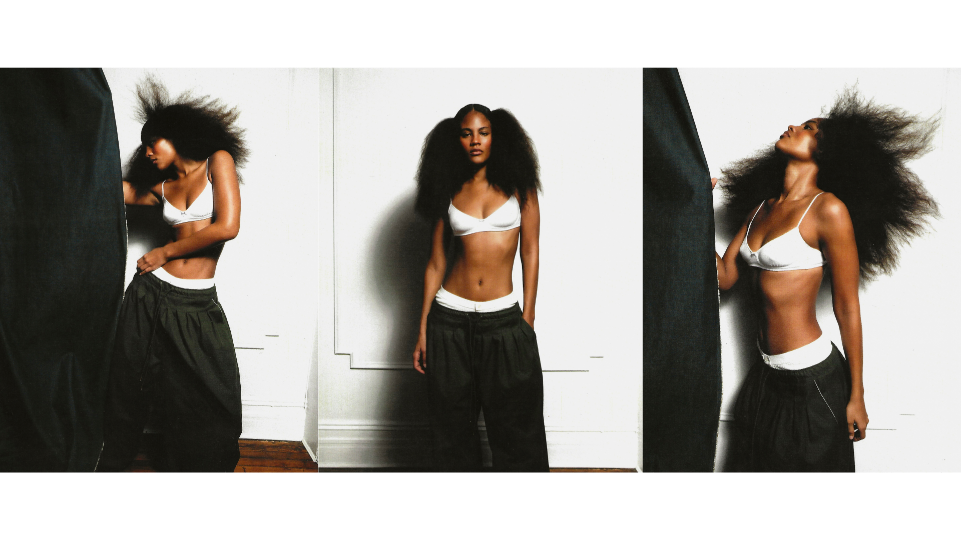 Triptych fashion editorial of a woman with voluminous natural hair wearing a white bralette and oversized black pants in a bright interior.
