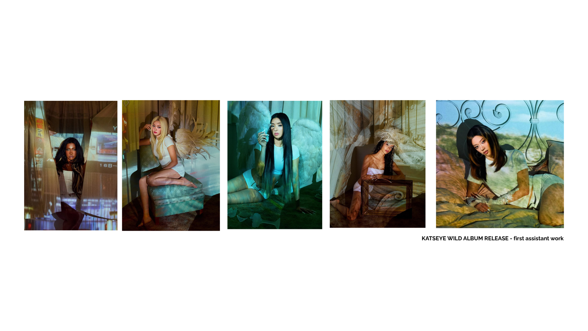 Collage of five fashion portraits featuring women in dramatic outfits and angel-inspired settings