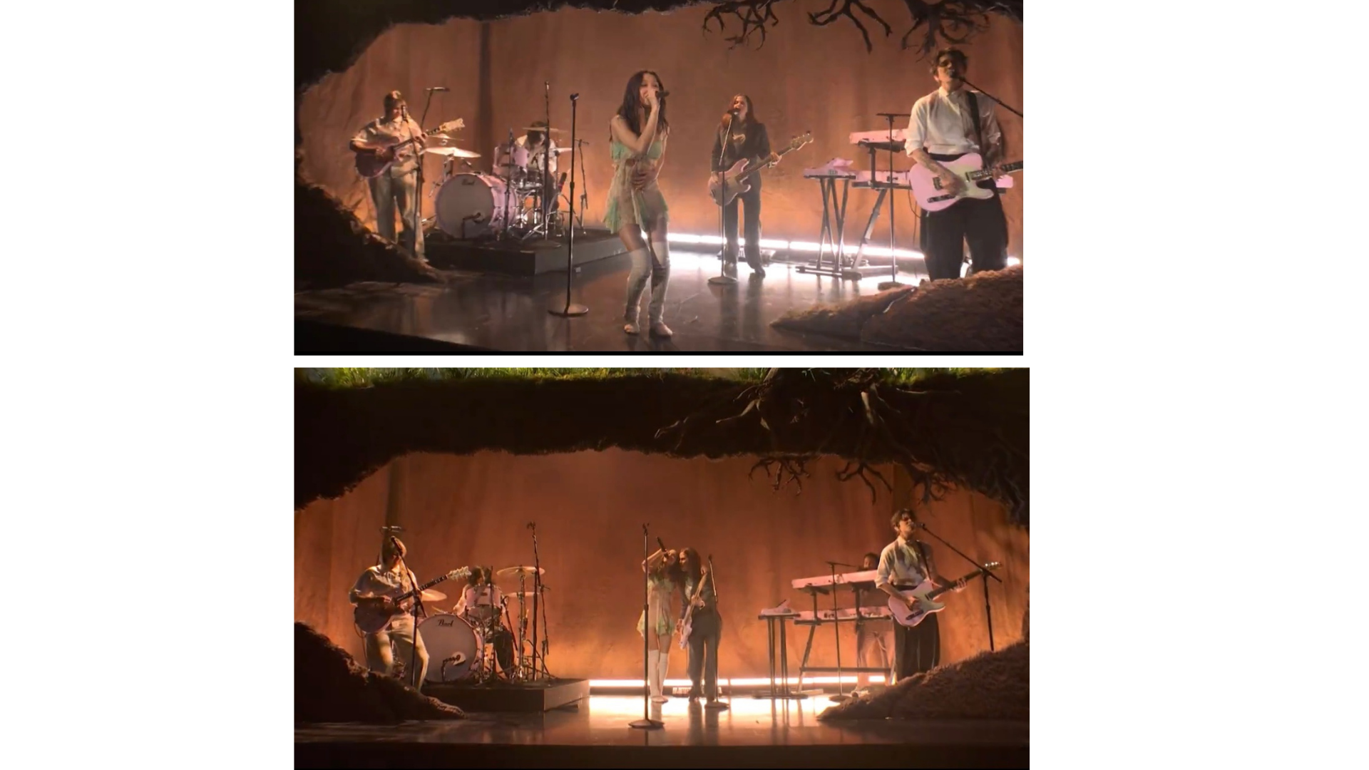 Live band performing on an orange-lit stage, with a female singer, guitarists, bassist, drummer, and keyboardist.