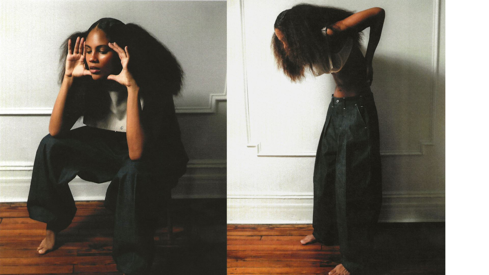 Diptych fashion portrait of a woman with long dark hair wearing black wide-leg clothing, seated on the left and standing with her arms raised on the right.