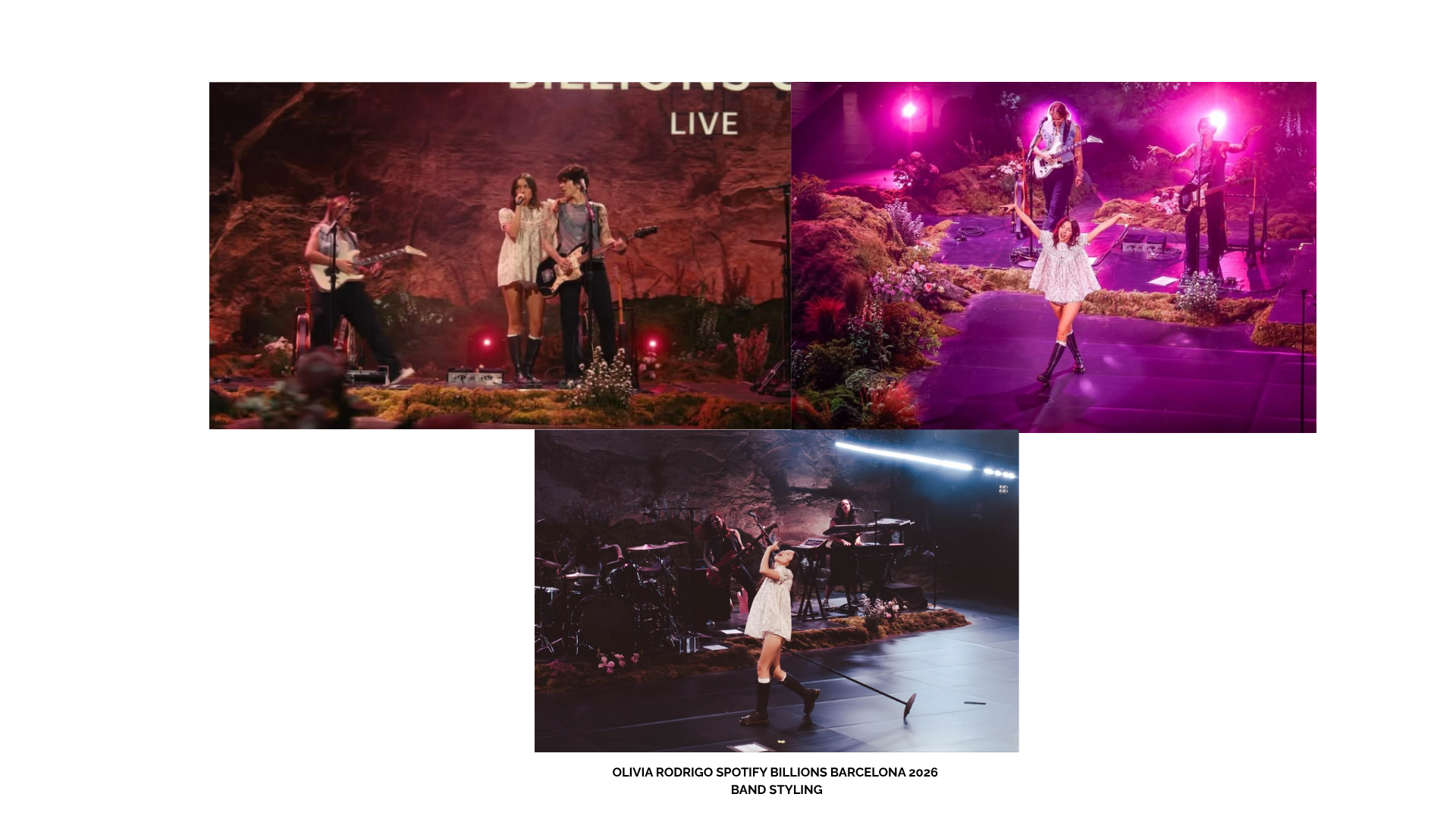 Collage of a female singer performing live with a band on a flower-filled stage under colorful purple and red lighting