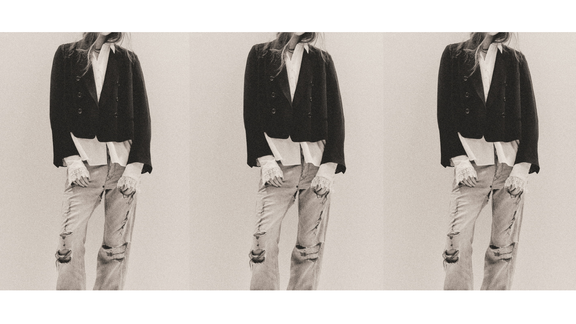 Triptych of a person wearing a black blazer, white blouse, lace cuffs, and distressed jeans in a vintage monochrome fashion portrait