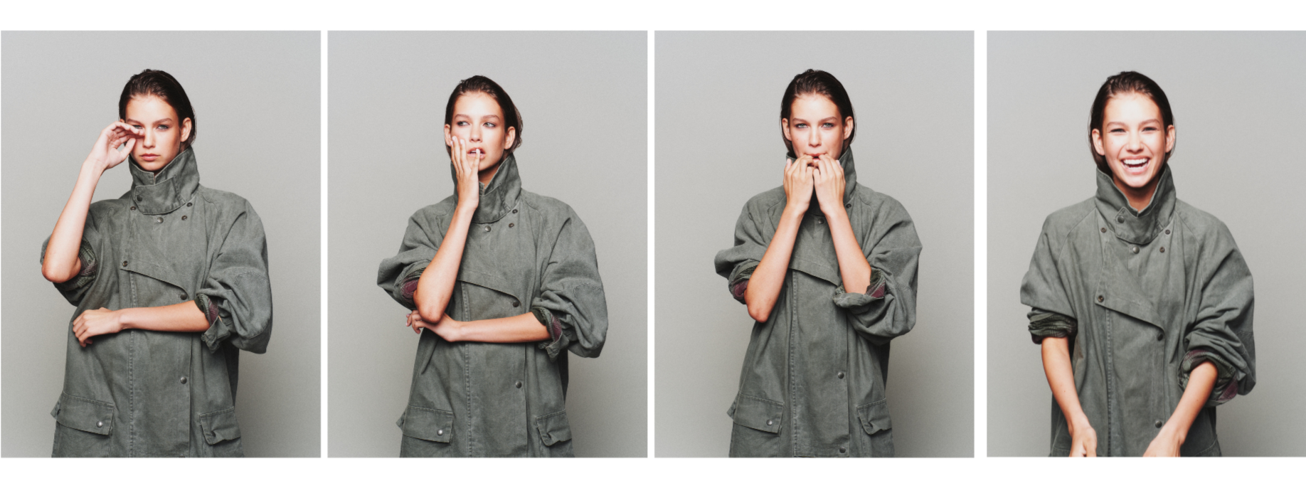 Four-panel fashion portrait of a model wearing a gray utility jacket and showing different facial expressions and poses