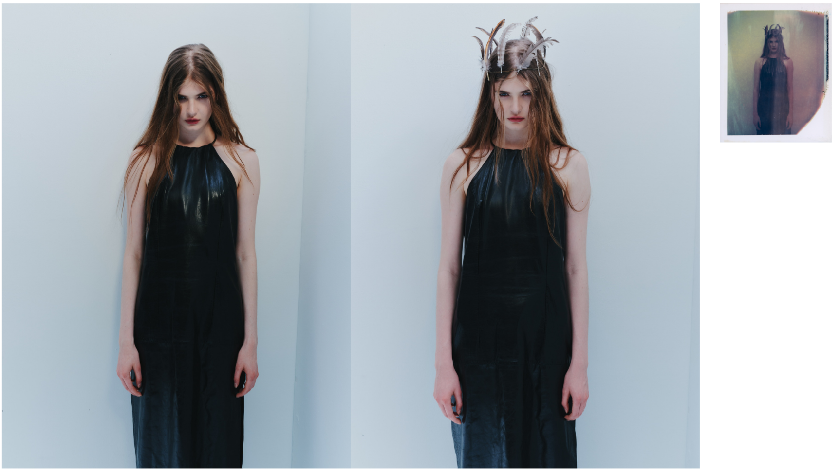 Diptych fashion portrait of a woman in a black sleeveless dress, shown once without accessories and once wearing a feathered headpiece, with a vintage Polaroid inset.