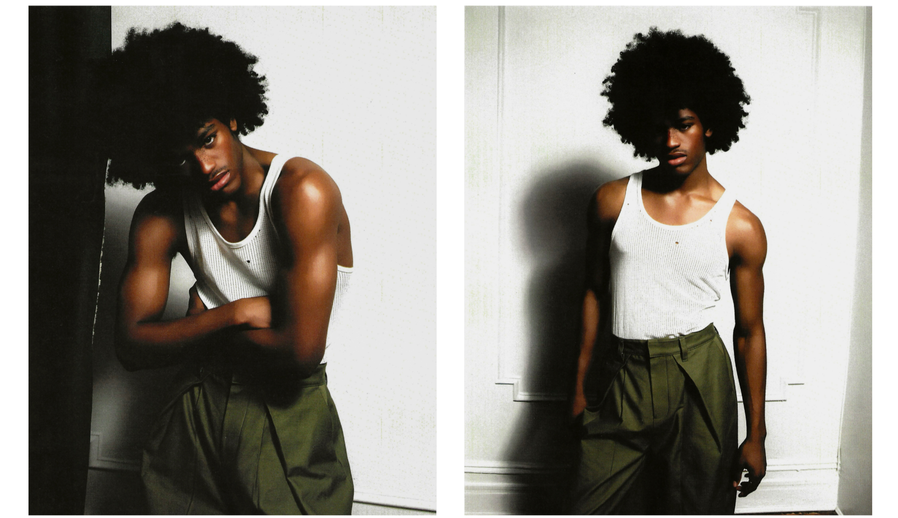 Fashion portrait diptych of a young Black man with a large afro wearing a white tank top and olive-green trousers.
