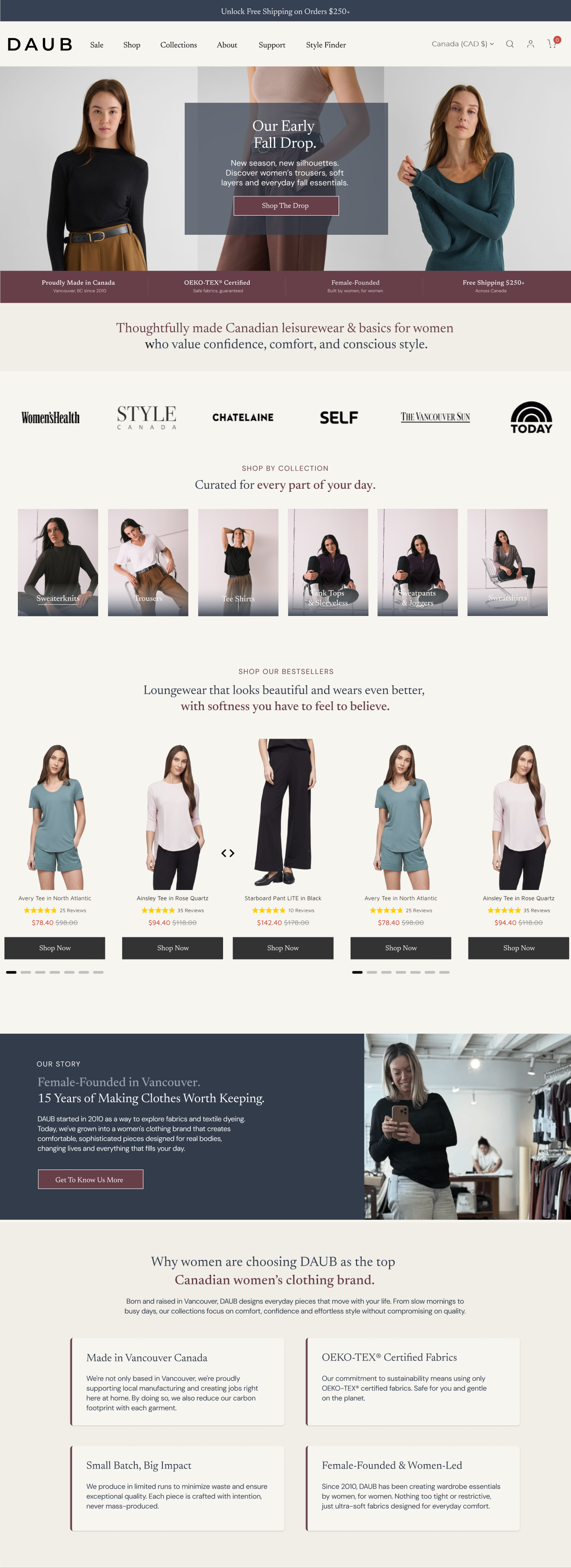DAUB Canadian women's clothing homepage featuring fall apparel, collection categories, bestselling loungewear, and Vancouver brand story