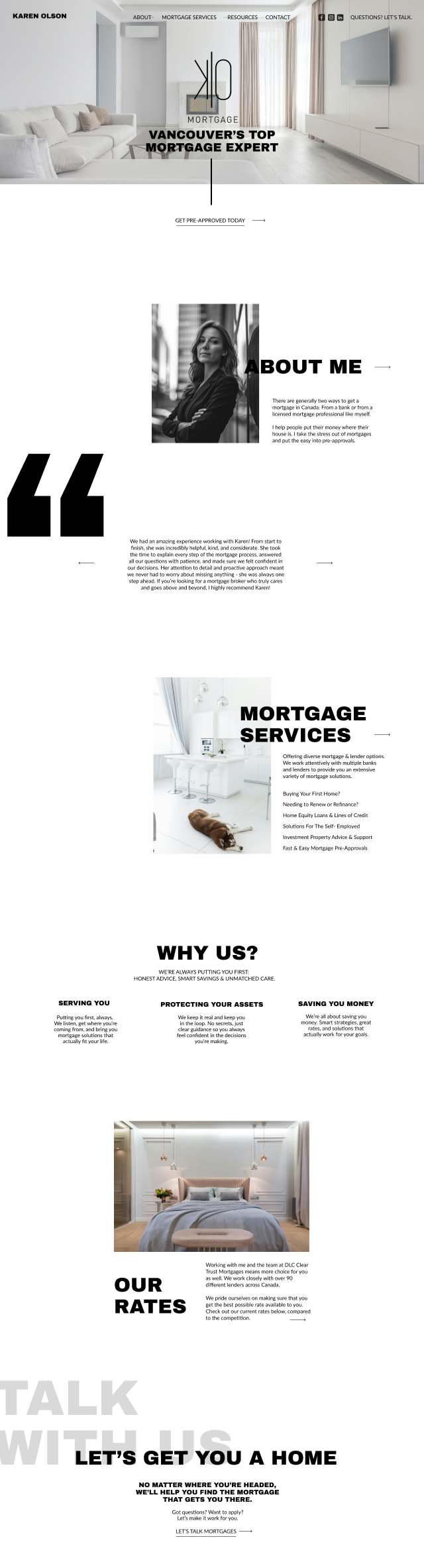 KAREN OLSON Mortgage website homepage featuring Vancouver mortgage expert services, professional portrait, modern home interiors, rates, and pre-approval call-to-action.
