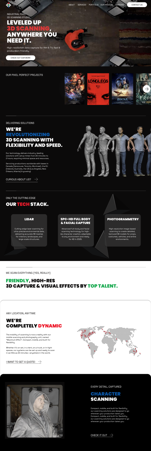 Industrial Pixel 3D scanning studio website showing scanning technology, film project posters, 3D human scans, global services map, and character scanning.