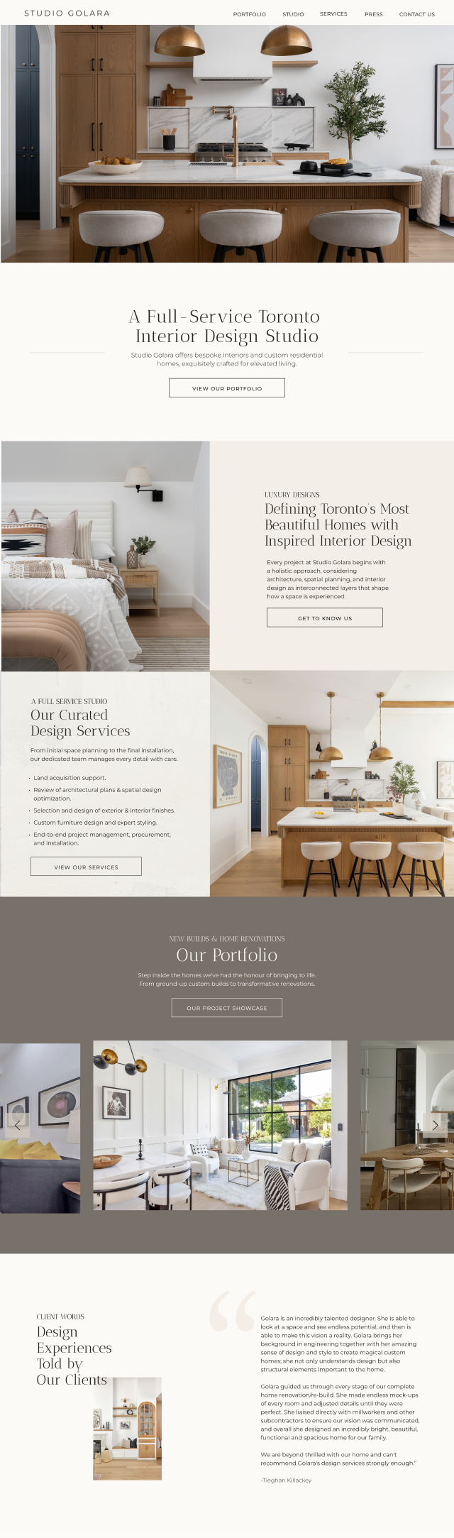 Studio Golara Toronto interior design website featuring a modern wood kitchen, luxury bedroom, design services, portfolio projects, and client testimonial.