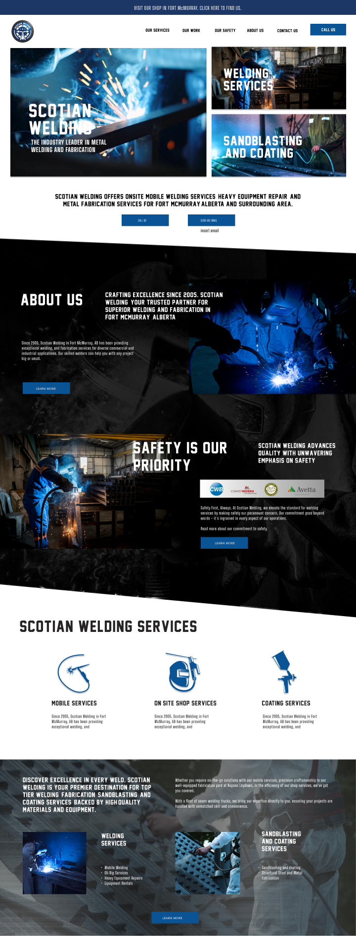 Scotian Welding website homepage featuring welding, mobile welding, metal fabrication, sandblasting, coating, safety, and Fort McMurray service information