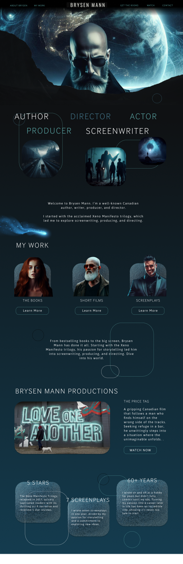 Brysen Mann author portfolio website featuring a bearded man against Earth, creative roles, books, short films, screenplays, and film productions