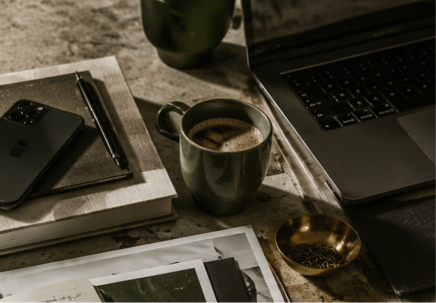 Moody workspace with coffee mug, laptop, smartphone, notebook, pen, papers, and small bowl on a marble table