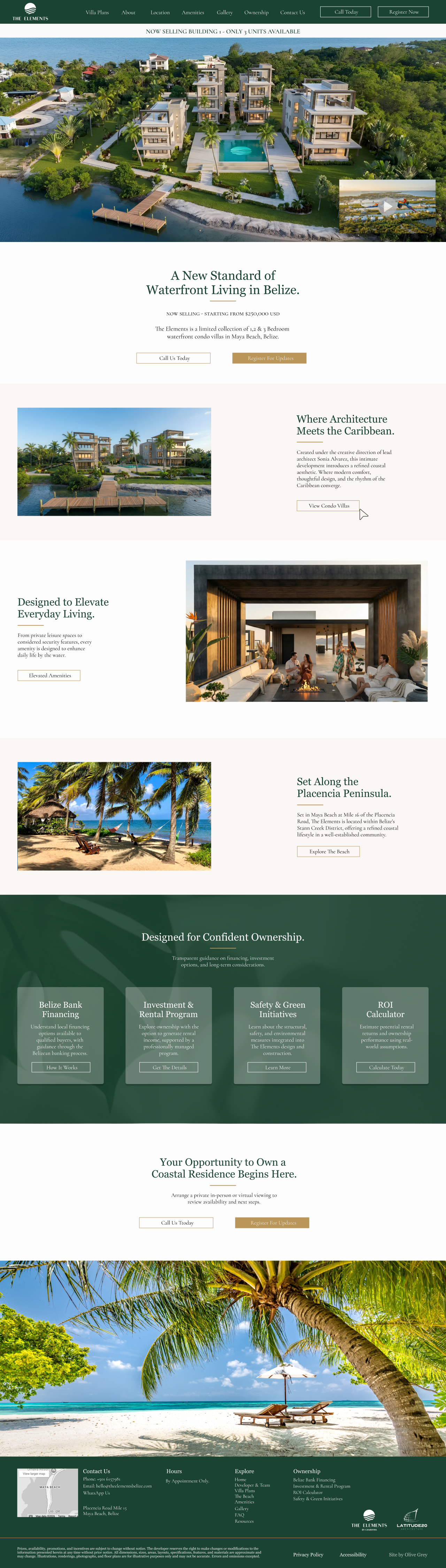 The Elements Belize waterfront condo villa website featuring modern residences, tropical landscaping, pool, private dock, Caribbean beach, amenities, and ownership information.