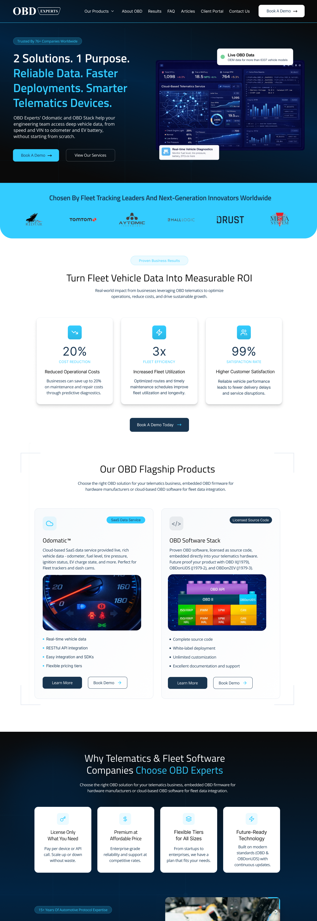 OBD Experts website showcasing vehicle telematics solutions, live OBD data dashboard, fleet performance results, and Odomatic and OBD software products