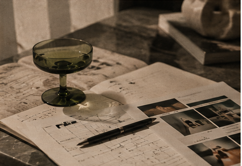Vintage-style desk scene with a green cocktail glass, pen, and architectural floor plans