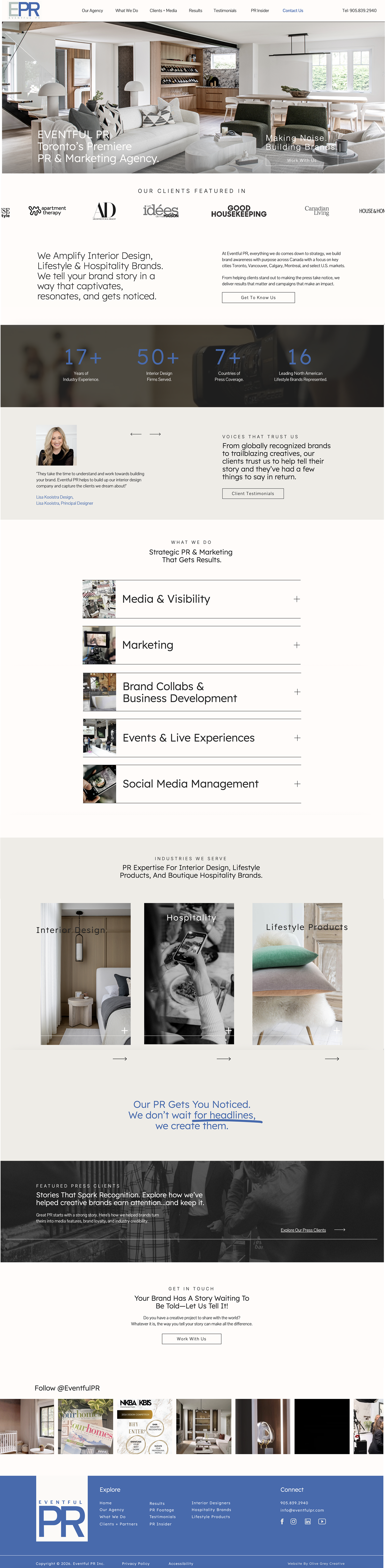 Eventful PR website homepage showcasing Toronto interior design, lifestyle, and hospitality public relations services
