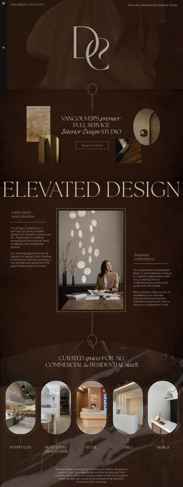 The Design Collective Vancouver interior design studio website featuring elevated interior design services, a designer at a desk, and commercial and residential project photos