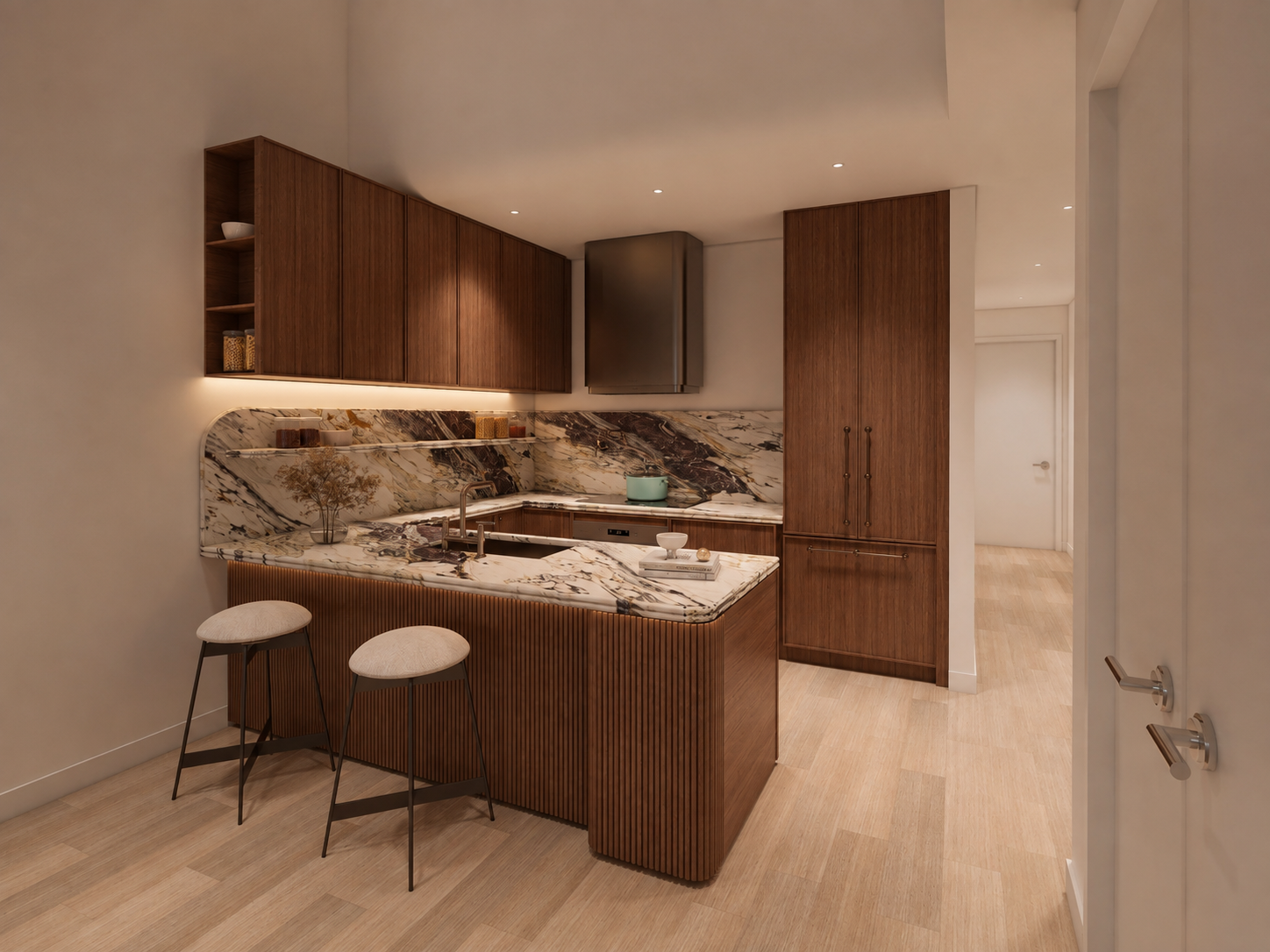 Modern luxury kitchen with walnut cabinets, veined marble backsplash and island, two bar stools, and warm recessed lighting
