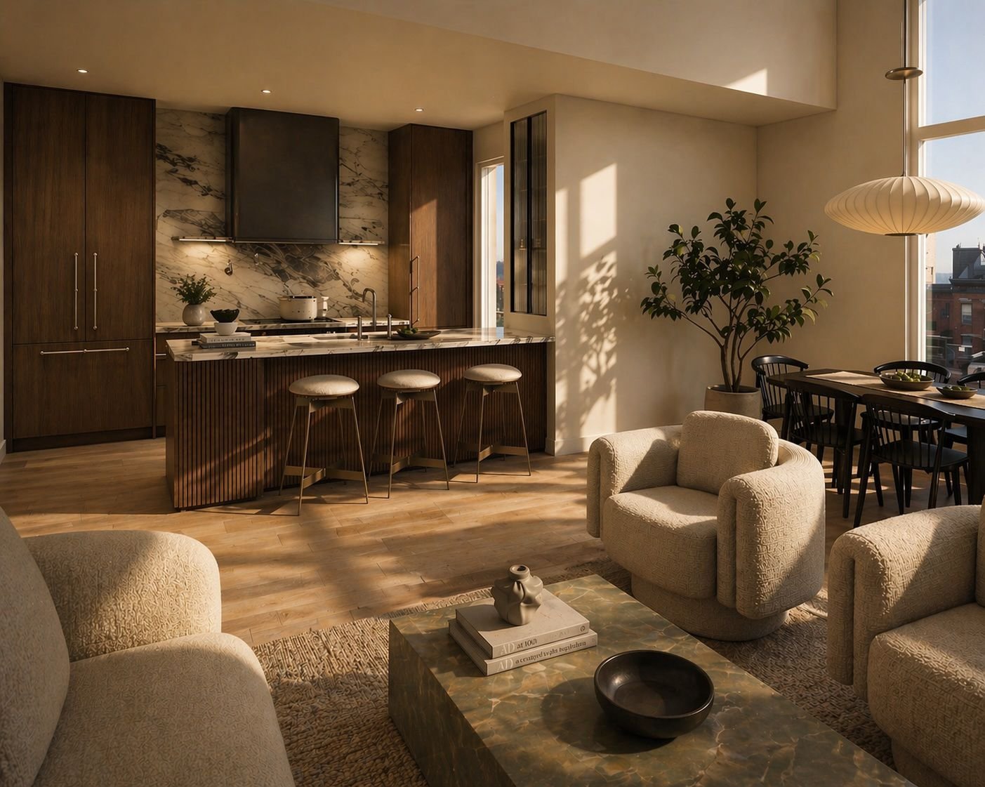 Warm modern open-concept kitchen and living room with dark wood cabinets, marble island, dining area, pendant light, indoor tree, and cream lounge chairs.