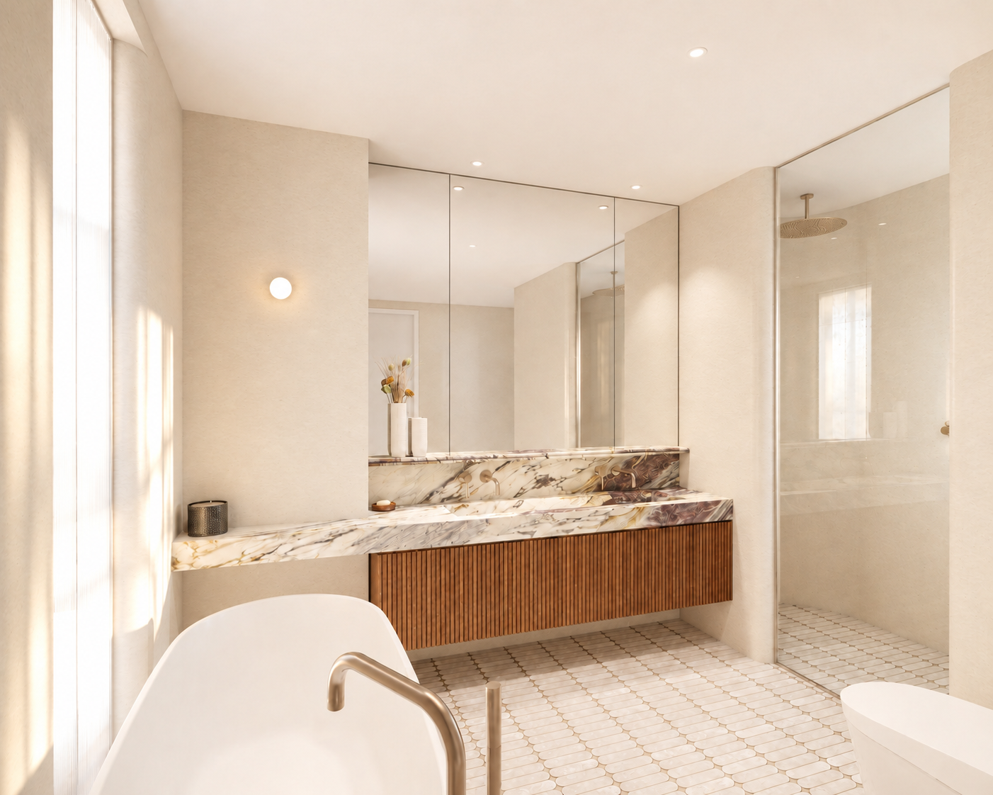 Modern beige bathroom with freestanding bathtub, marble vanity, wood slatted cabinet, wall mirrors, and walk-in shower
