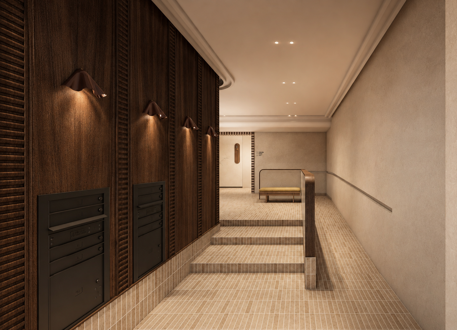 Elegant hotel hallway with tiled steps, wood-paneled walls, decorative sconces, handrails, and a bench