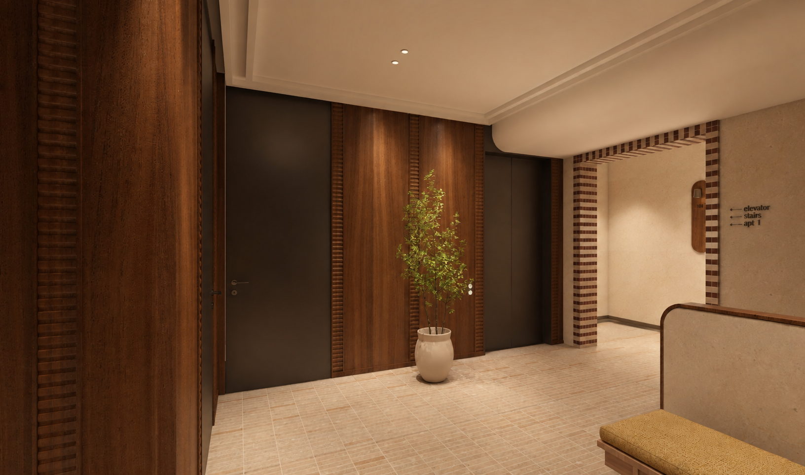 Warmly lit modern hallway with dark wood-paneled elevator doors, a potted tree, tiled flooring, and directional signs for the elevator, stairs, and apartments.