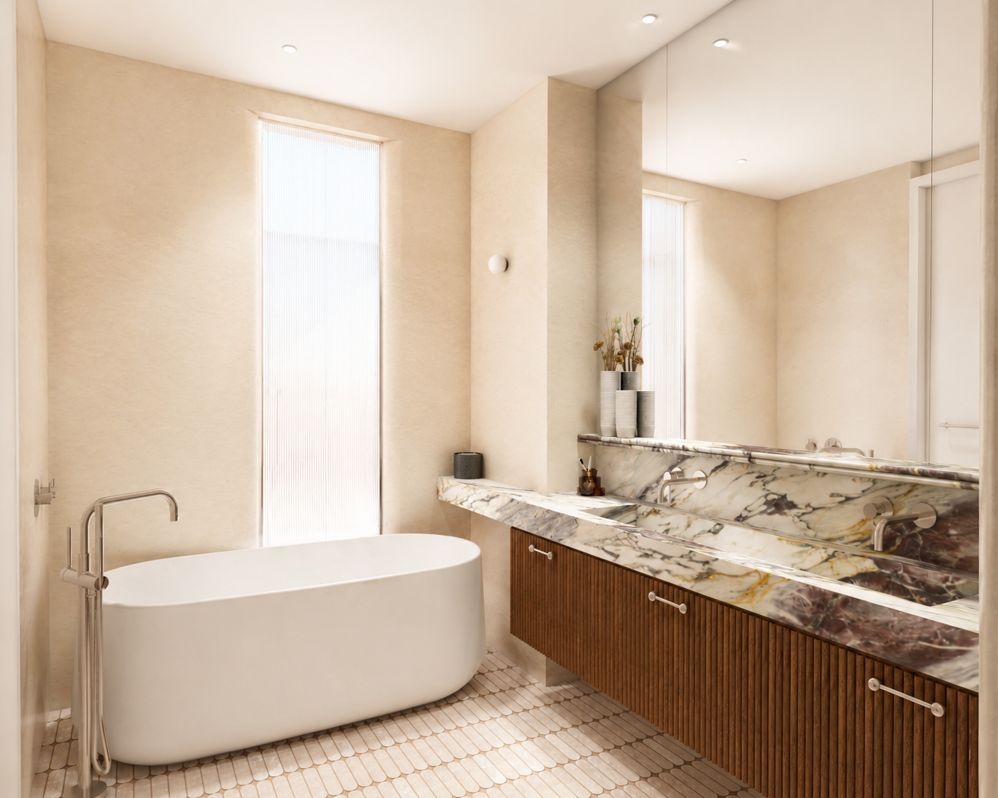 Luxury modern bathroom with freestanding bathtub, marble double vanity, large mirror, and vertical blinds