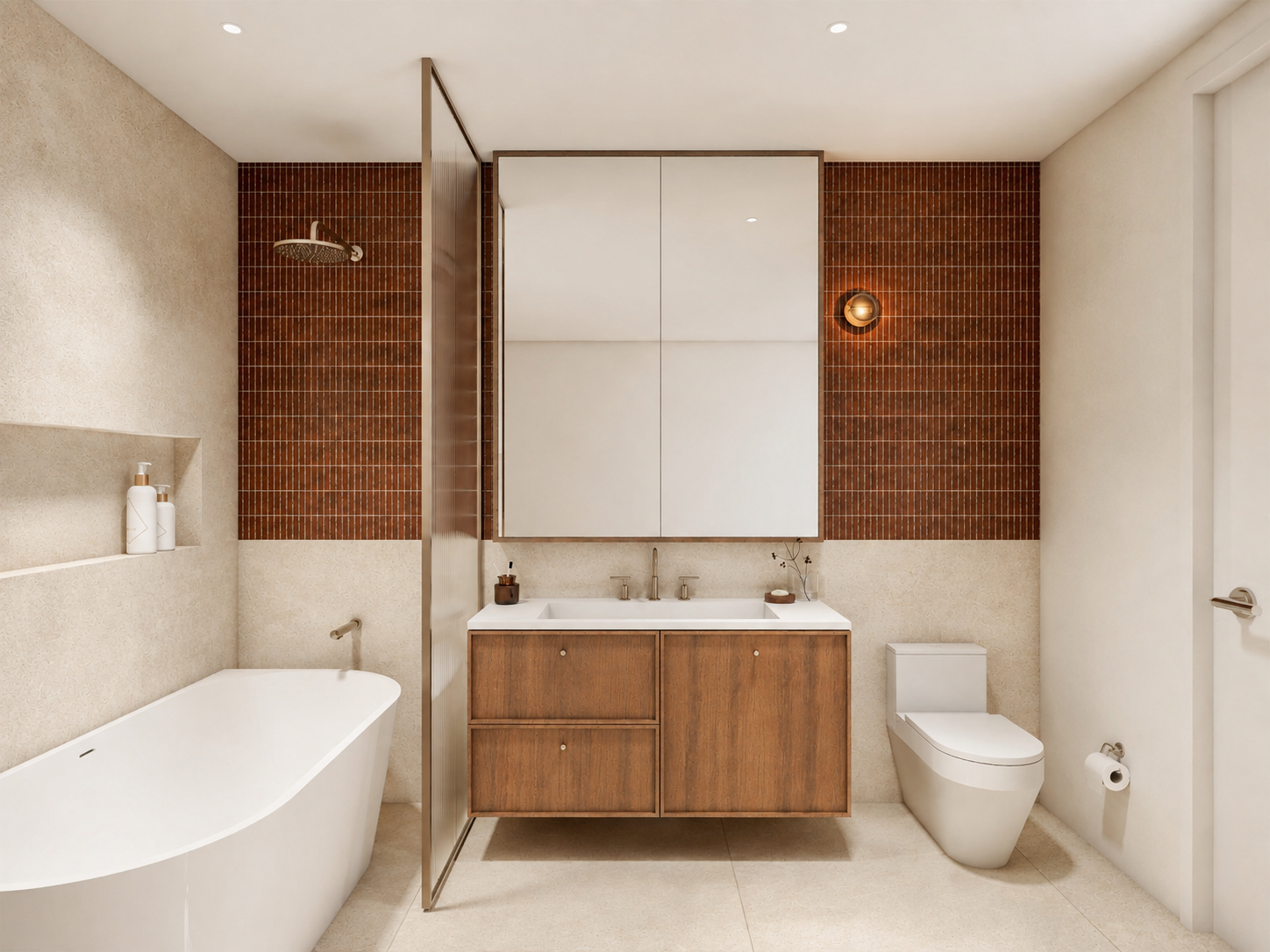 Modern bathroom with freestanding bathtub, brown tile shower, wood vanity, mirrored cabinet, and white toilet