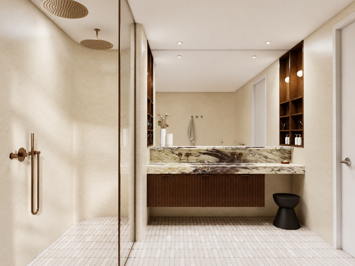 Modern luxury bathroom with walk-in shower, marble double vanity, wood cabinetry, and black stool