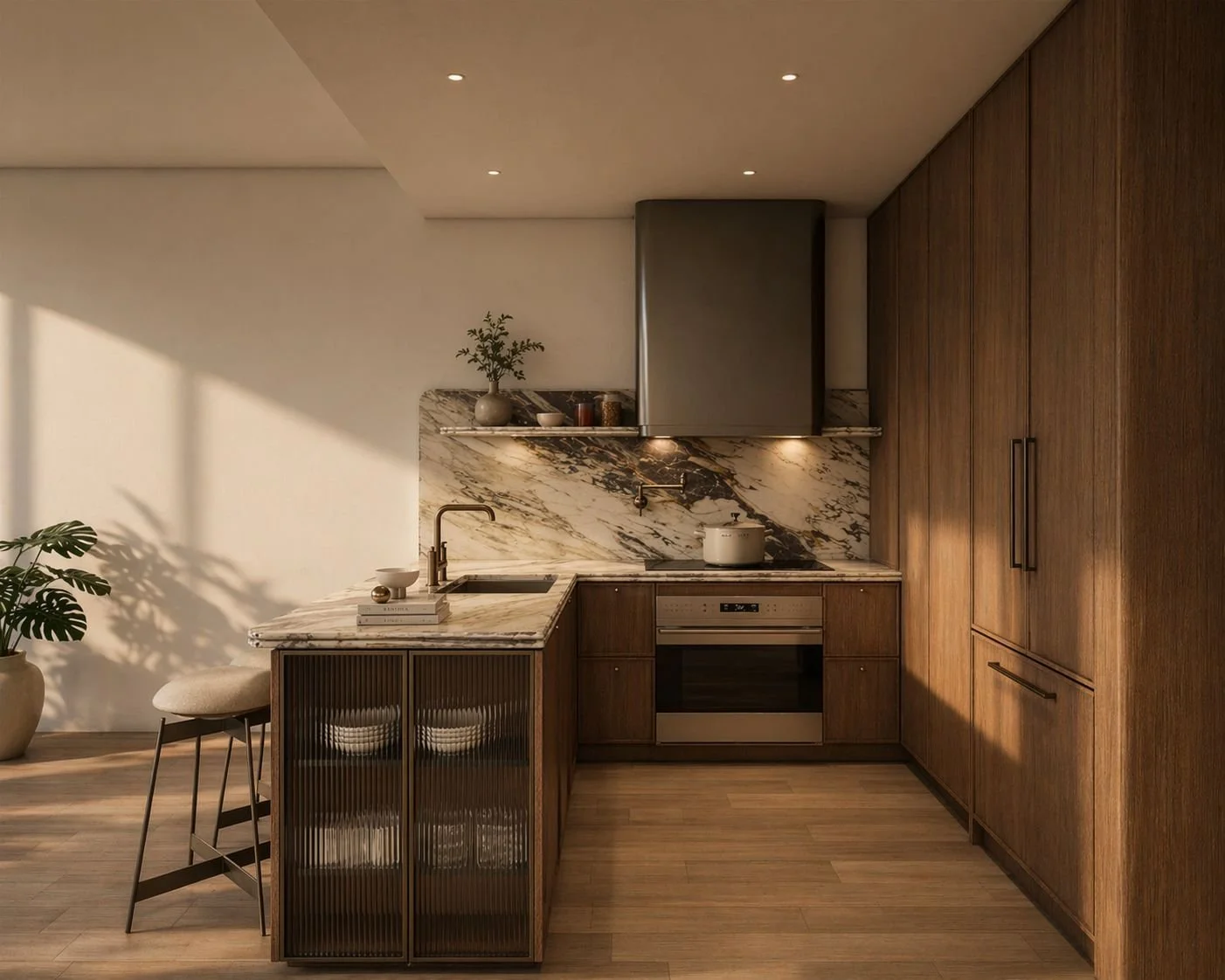 Warm modern kitchen with dark wood cabinetry, marble backsplash and island, stainless steel appliances, pendant-free recessed lighting, and a potted plant.