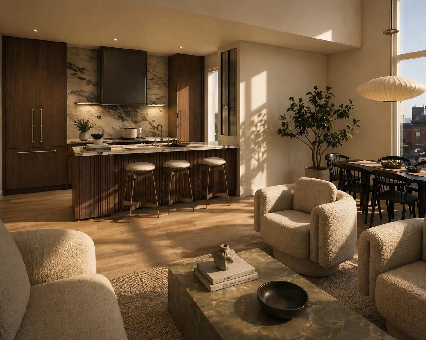 Warm modern open-plan kitchen and living room with dark wood cabinets, marble backsplash, island seating, dining table, lounge chairs, and large windows