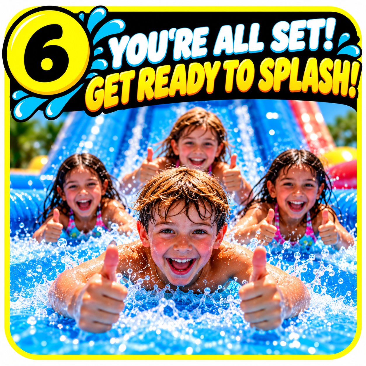 Four smiling children giving thumbs up in a swimming pool beneath text reading “You’re all set! Get ready to splash!”